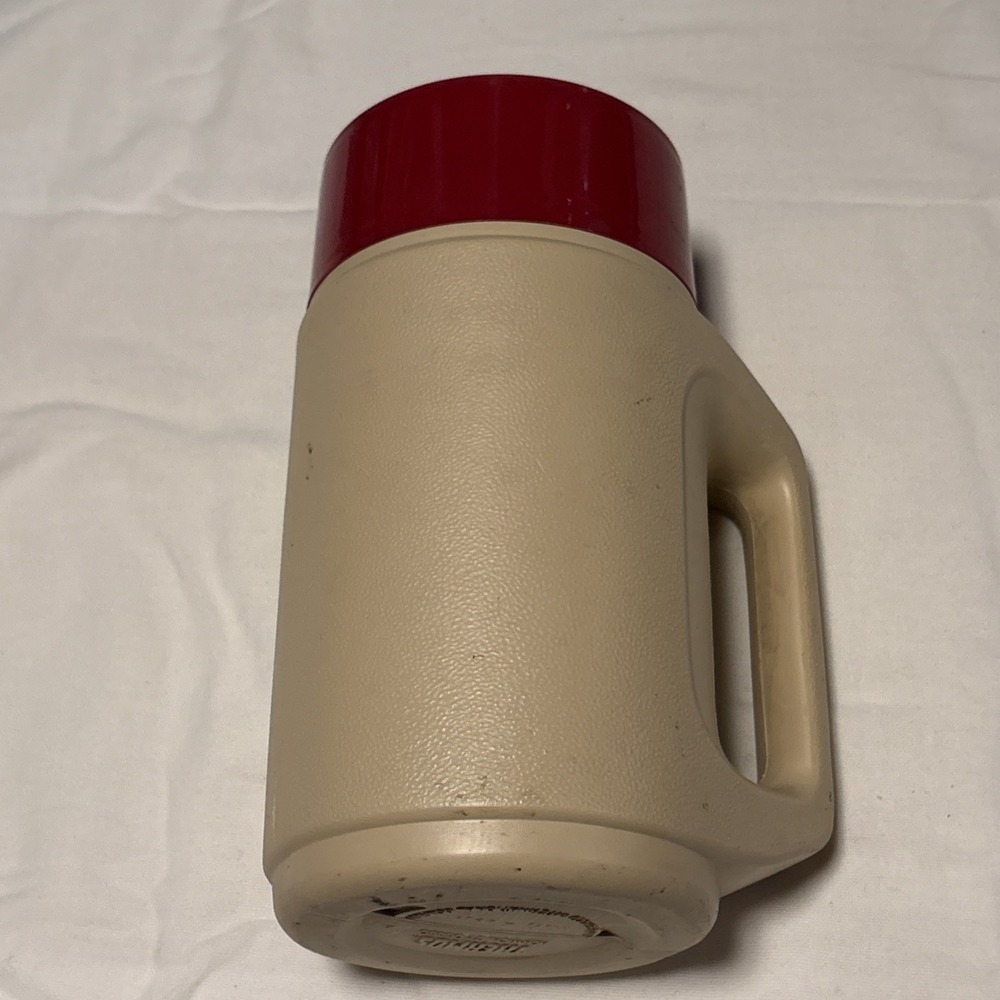 VINTAGE Thermos Model # 4215 Red Mug Cup Beige Bottom EUC